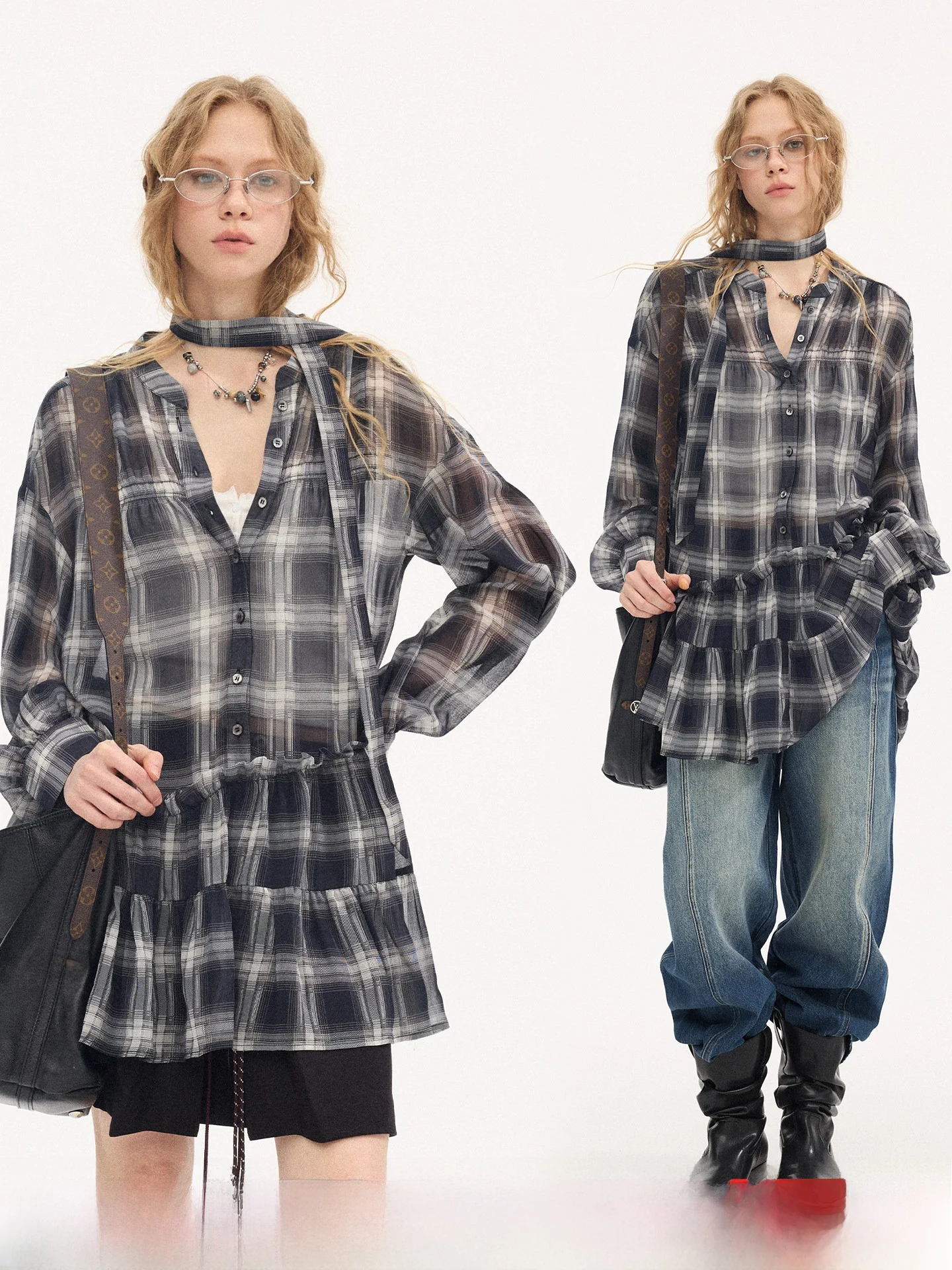 

DIDDI MODA Women's Blue Plaid Shirt Summer Loose Fit Long Sleeve V-Neck Midi Dress with Ruffle Hem Neutral Style Casual Shirt