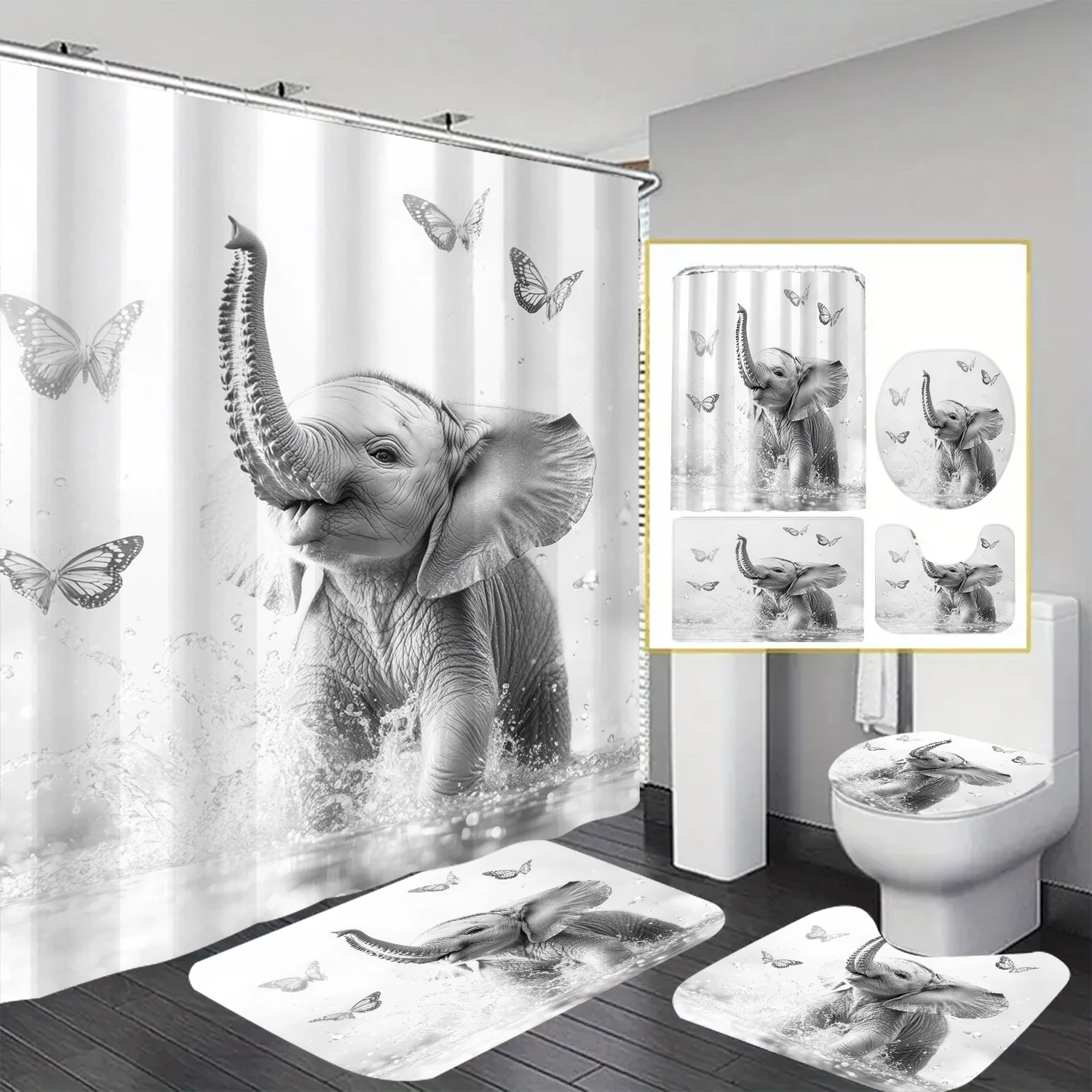 

Elephant Theme Shower Curtain 12 Hooks Suitable for Room Family Hotel Machine Washable Curtain Bathroom 4pcs