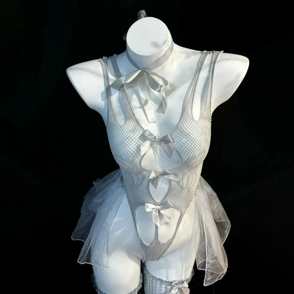 

With Wearing Stockings Sexy Clothing Lace Skirt Mesh Transparent Bow Deep V Lace Skirt Slim Fit Nightgown Sexy Lingerie Dress