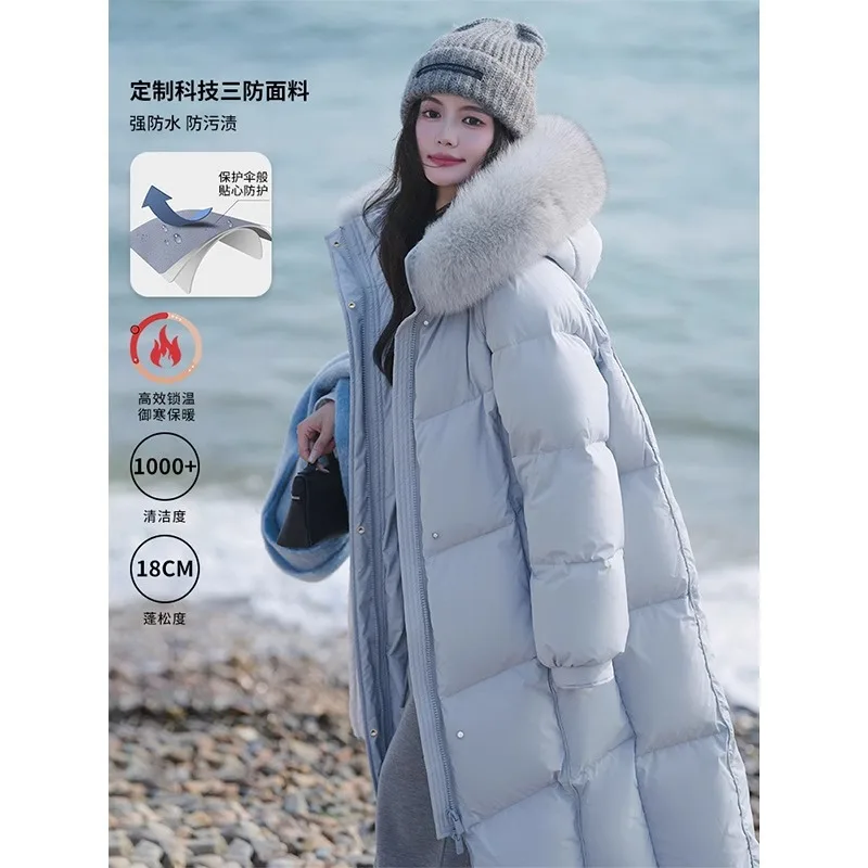 2024 Winter New Goose Down Big Hair Collar White Down Jacket for Women, High end Hooded Mid to Long Size ，Thickened Coat