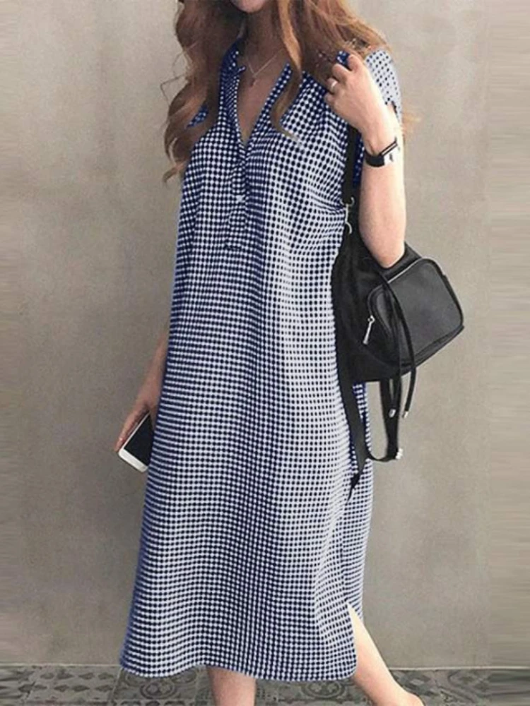 

Summer Dresses for Women 2023 Korean Style LOOSE Plaid Vintage Dress Streetwear Oversized Long Dresses Woman Clothing Robe