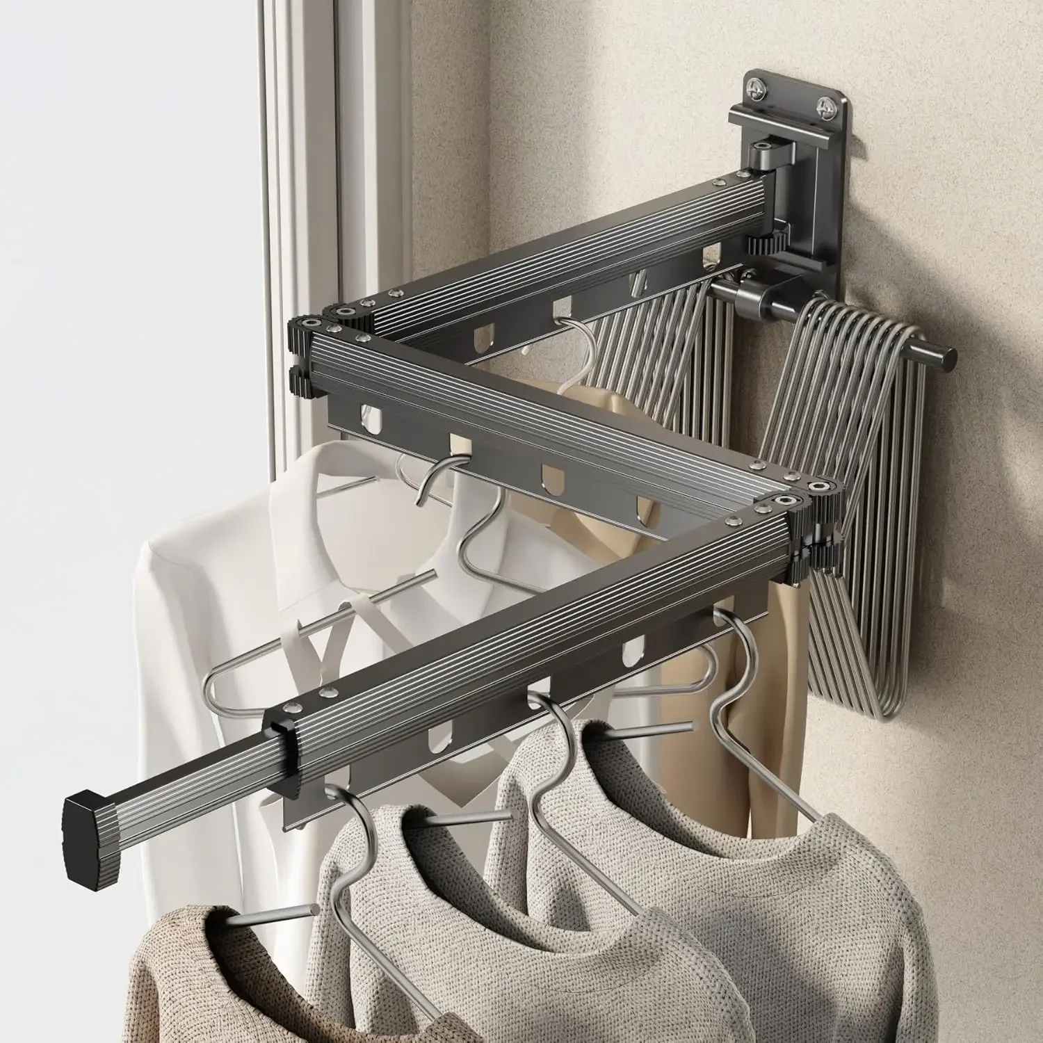 Wall-mounted Windproof Clothes Drying Rack Foldable Laundry Drying Rack Tri-Fold Scalable Clothes Dryer for Indoor & Outdoor