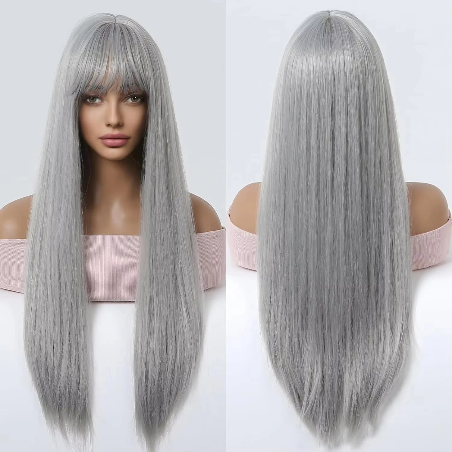 Women's Long Straight Grandma Gray Synthetic Wig