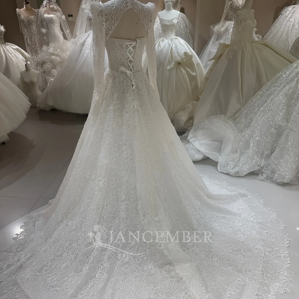 Pearlescent Wedding Dress White Lace Ball Gown Customized High Neck Long Sleeves Chapel Train vestidos de boda elegantes