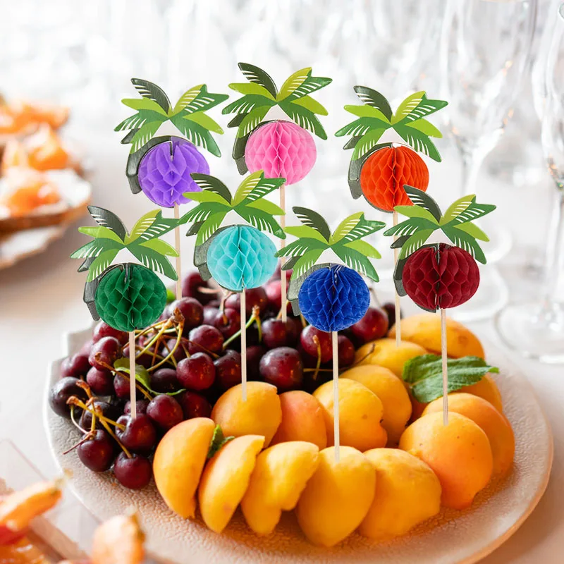 

50pcs Hawaiian Bamboo Toothpick Palm Hibiscus Flower Honeycomb Ball Tropical Summer Party Fruit Dessert Disposable Decoration