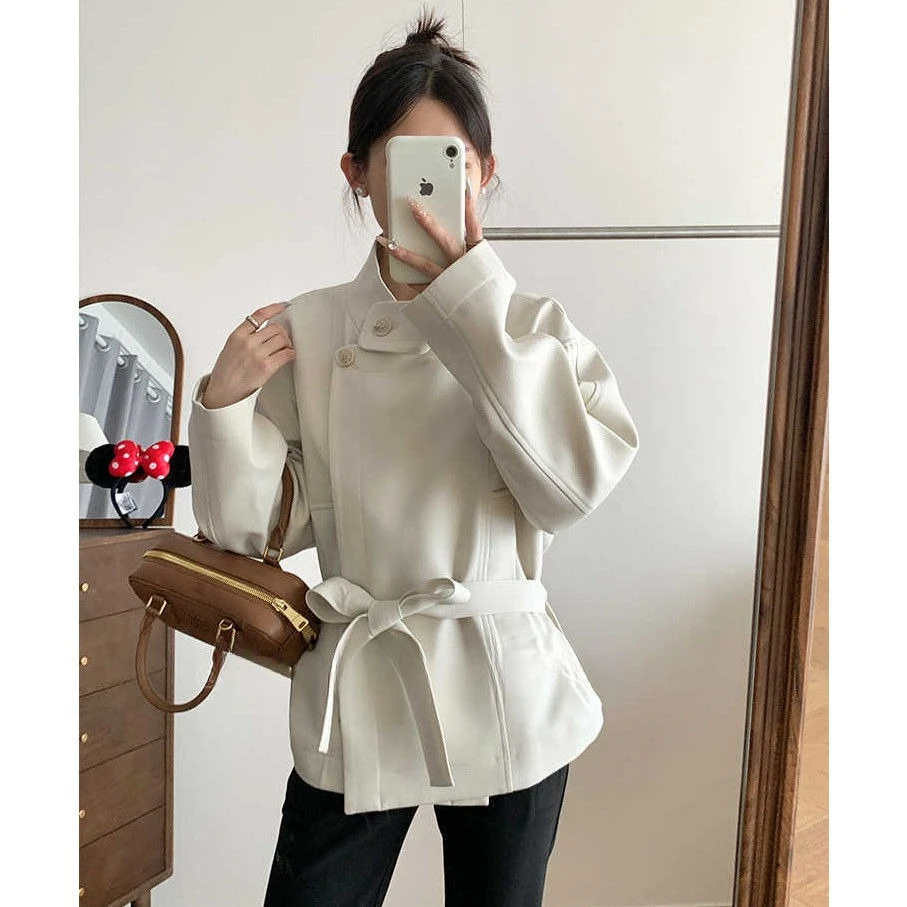 

Stand collar short trench coat for women, new autumn style, waist-cinching, loose British-style silhouette jacket