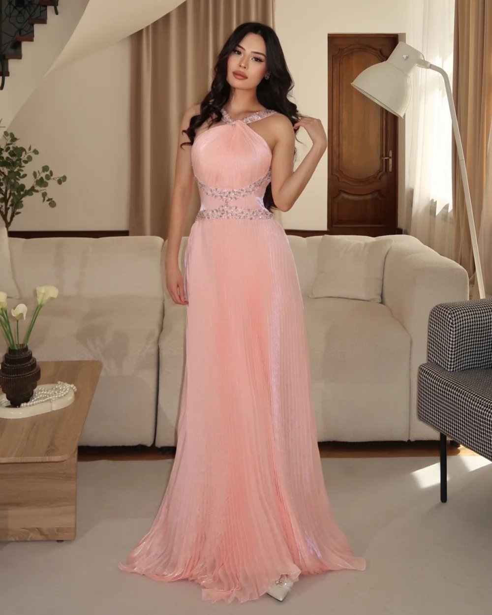 

Customized Fashion Women Chiffon Rhinestone Beading Straight Evening Dress Elegant Off-the-shoulder Sleeveless Long Party Gowns