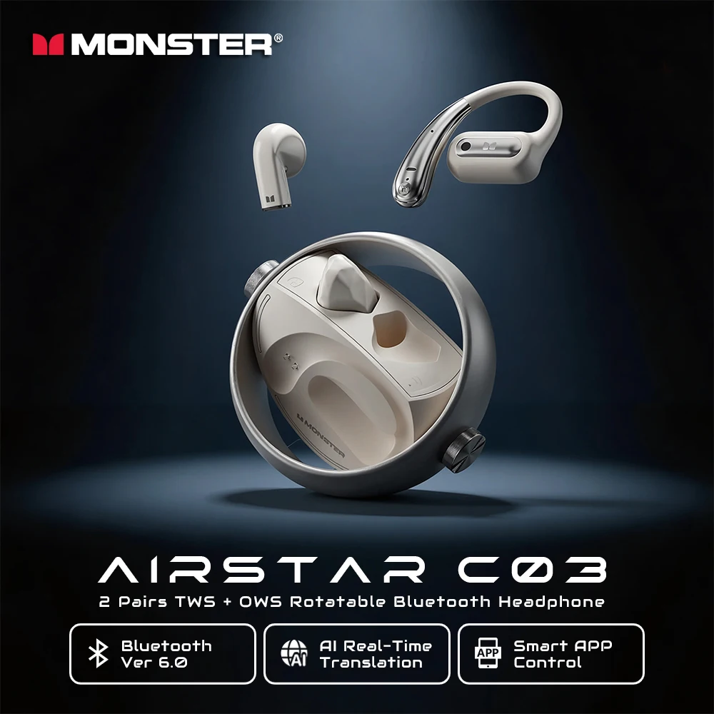 

Беспроводные наушники Monster C03 (2 пары) Bluetooth 6.0 OWS TWS с функцией AI-перевода в реальном времени и умным приложением
