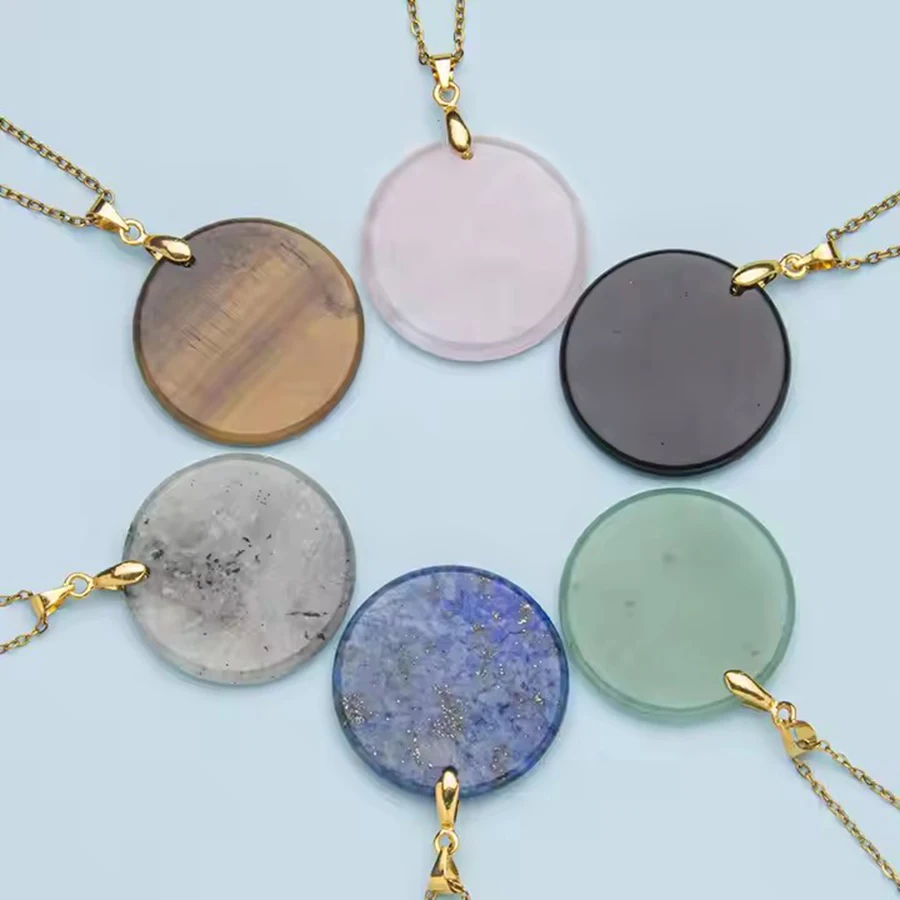 Natural Crystal Stone gemstone agate Circular plate Pendant Necklace Stainless Steel Chain Gemstone Jewelry