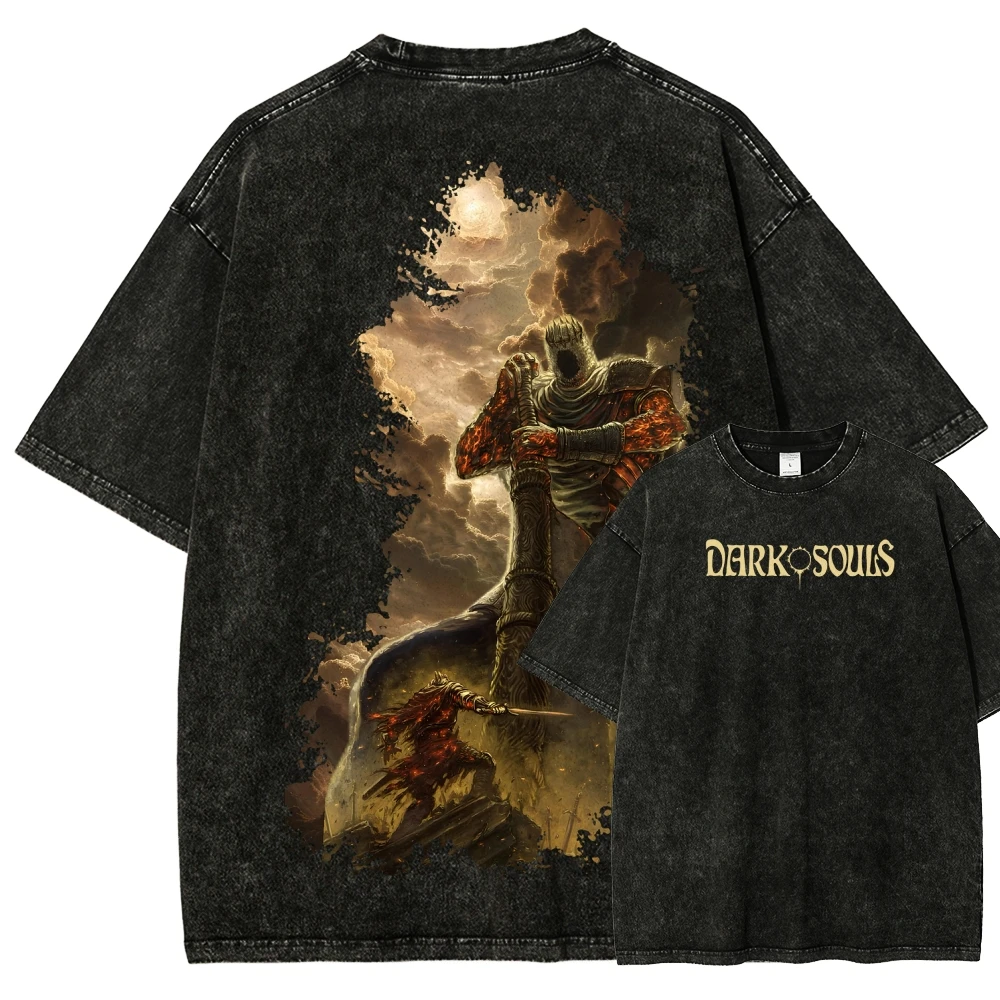 Action Game Dark Souls Graphic Print T-shirt Women Men Retro Washed O-neck Cotton Loose Casual Oversized Streetwear FashionTop