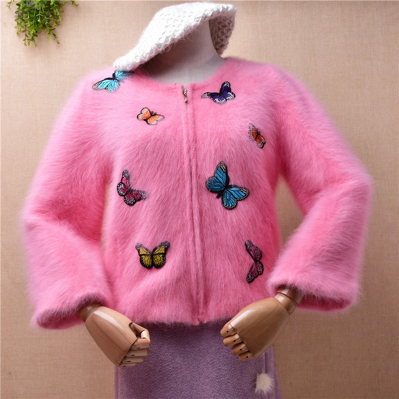 ladies women fashion butterfly mink cashmere knitted short style zipper loose cardigan angora fur winter jacket coat sweater top