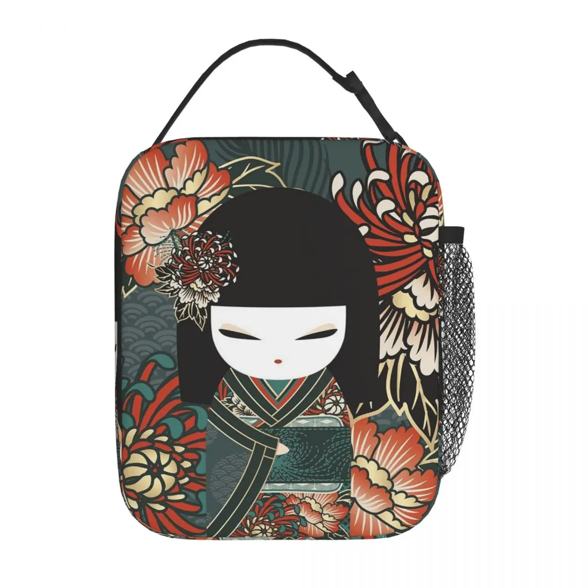 Red Sakura Kokeshi Doll Insulated Lunch Bag for Women Kids Leakproof Food Boxes Thermal Lunch Box Tote