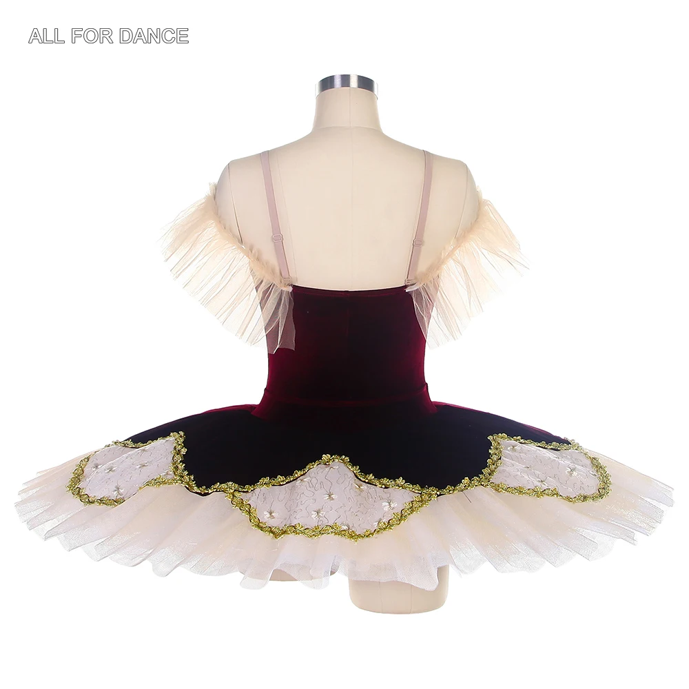 BLL133 Off Shoulder Pre-Professional Ballet Dance Tutu Burgundy Velvet Bodice With Deep V Insert In The Front Pancake Tutus