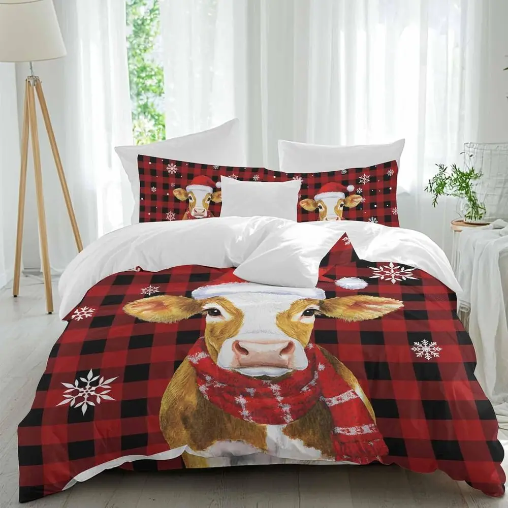 

Chrisas Cow Sheet Set, Watercolor Red Scar arm Cow lake Plaid 4 Pieces Breathable Sot Duvet Cover Set Bedding Cozy Bed lat Sheet