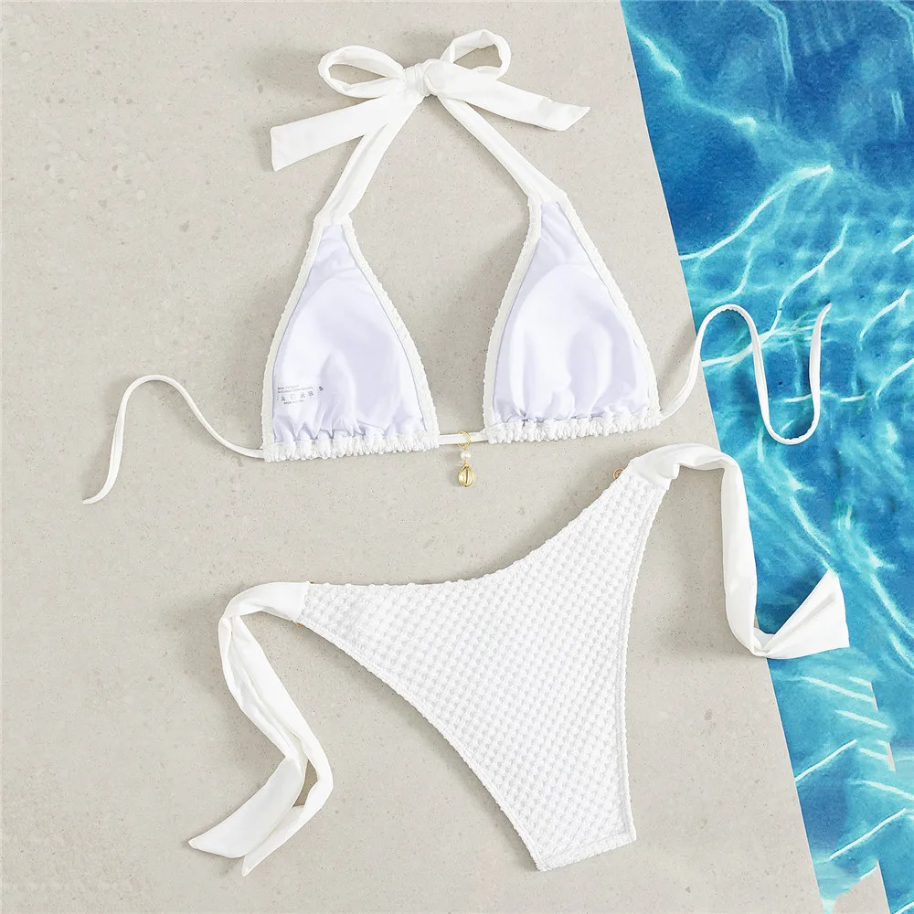 Solid White Halter Bikinis Sets Metal Shell Swimwear Knotted Sexy Swimsuit Women 2026 Beachwear Bathing Suit Bikinis De Mujer