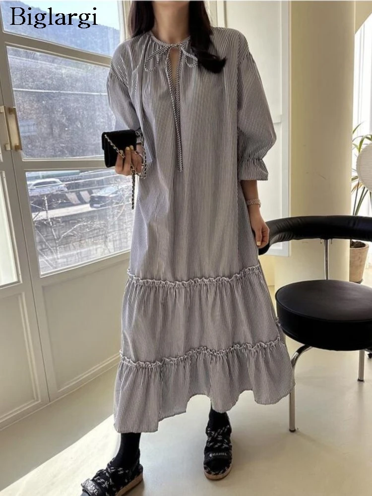 

Striped Print Autumn Long Sleeve Dress Women Ruffle Pleated Loose Modis Sweet Ladies Dresses Korea Style Woman Long Sleeve Dress