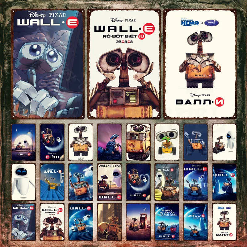 Disney Walle Tin Signs Cleaning Robot Wall-E Falls In Love with Robot Eva Cartoon Plaque Wall Stickers Plate for Kids Room Decor