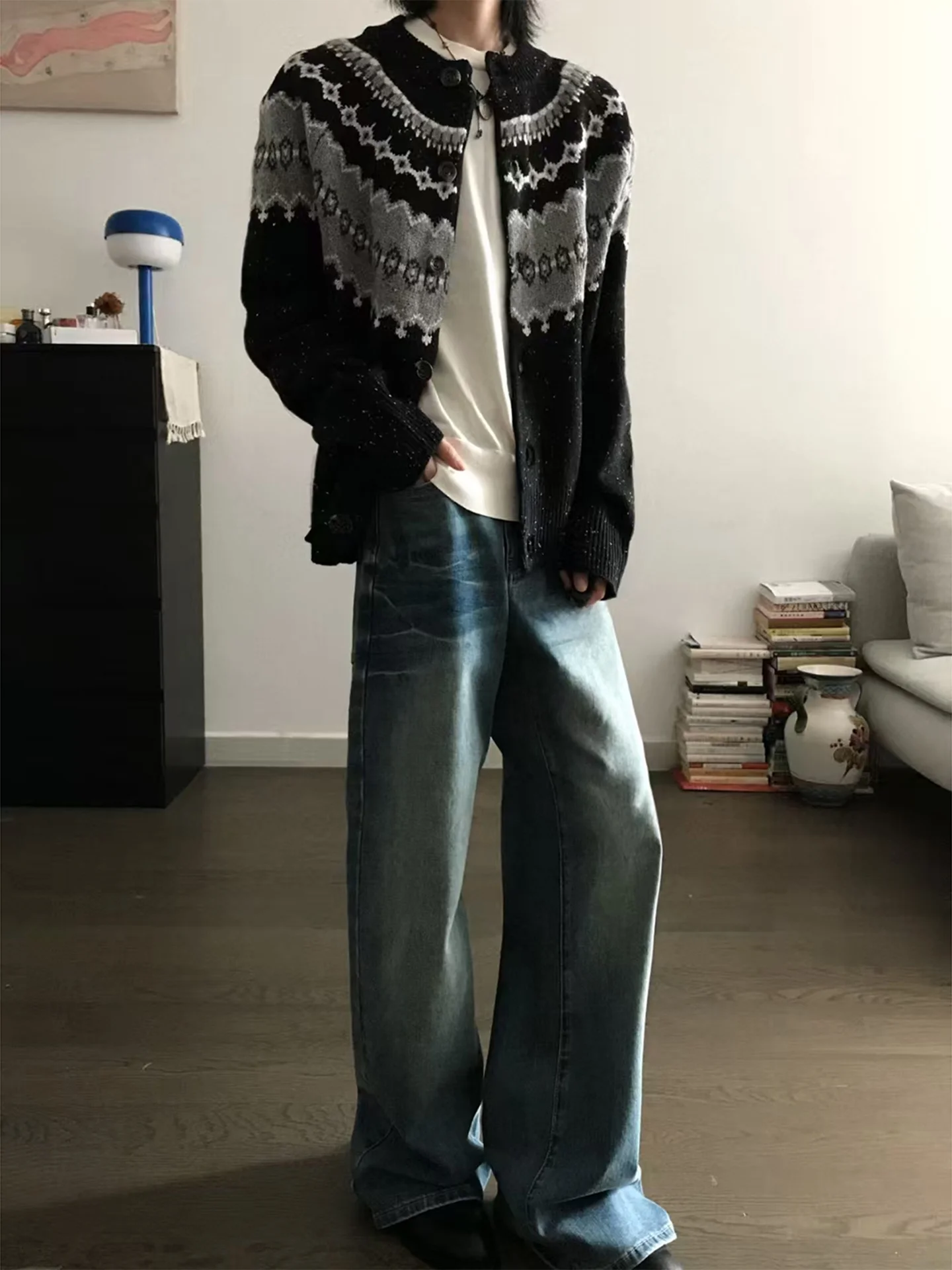 

Мужской свободный кардиган-свитер: осенне-зимний дизайн, цветочный узор, вязаный, в стиле ретро, для повседневной носки