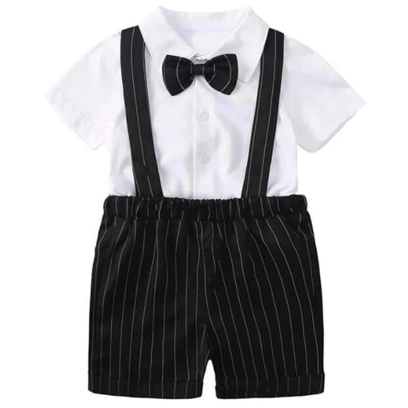 

2Piece Summer Baby Boys Clothes Fashion Gentleman Short Sleeve Cotton T-shirt+Stripe Straps Shorts Newborn Clothing Set BC423