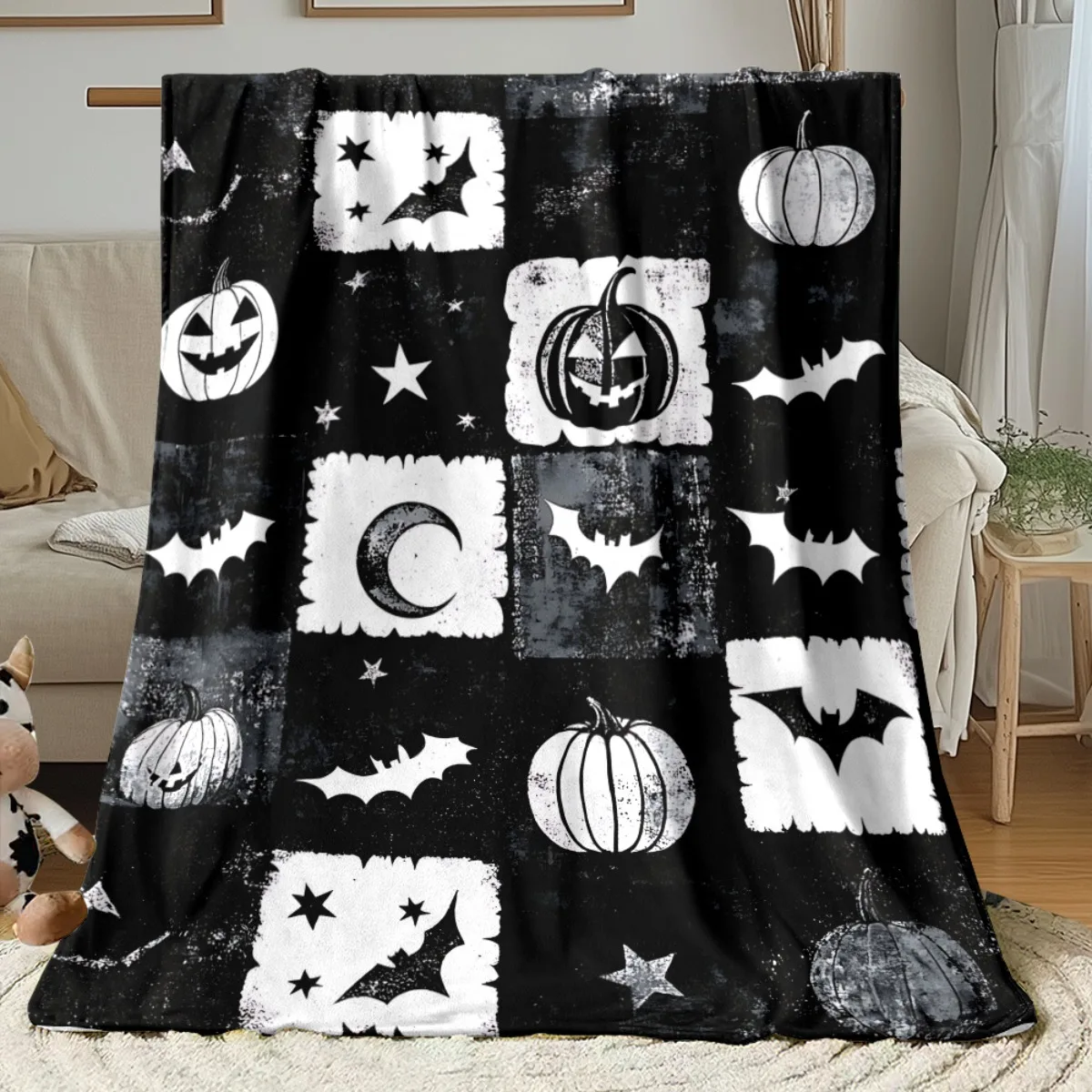 1pc Black Halloween‑Themed Icon Throw Blanket Soft Warm Lightweight Digital Print Fleece Blanket for Travel Camping Living Room