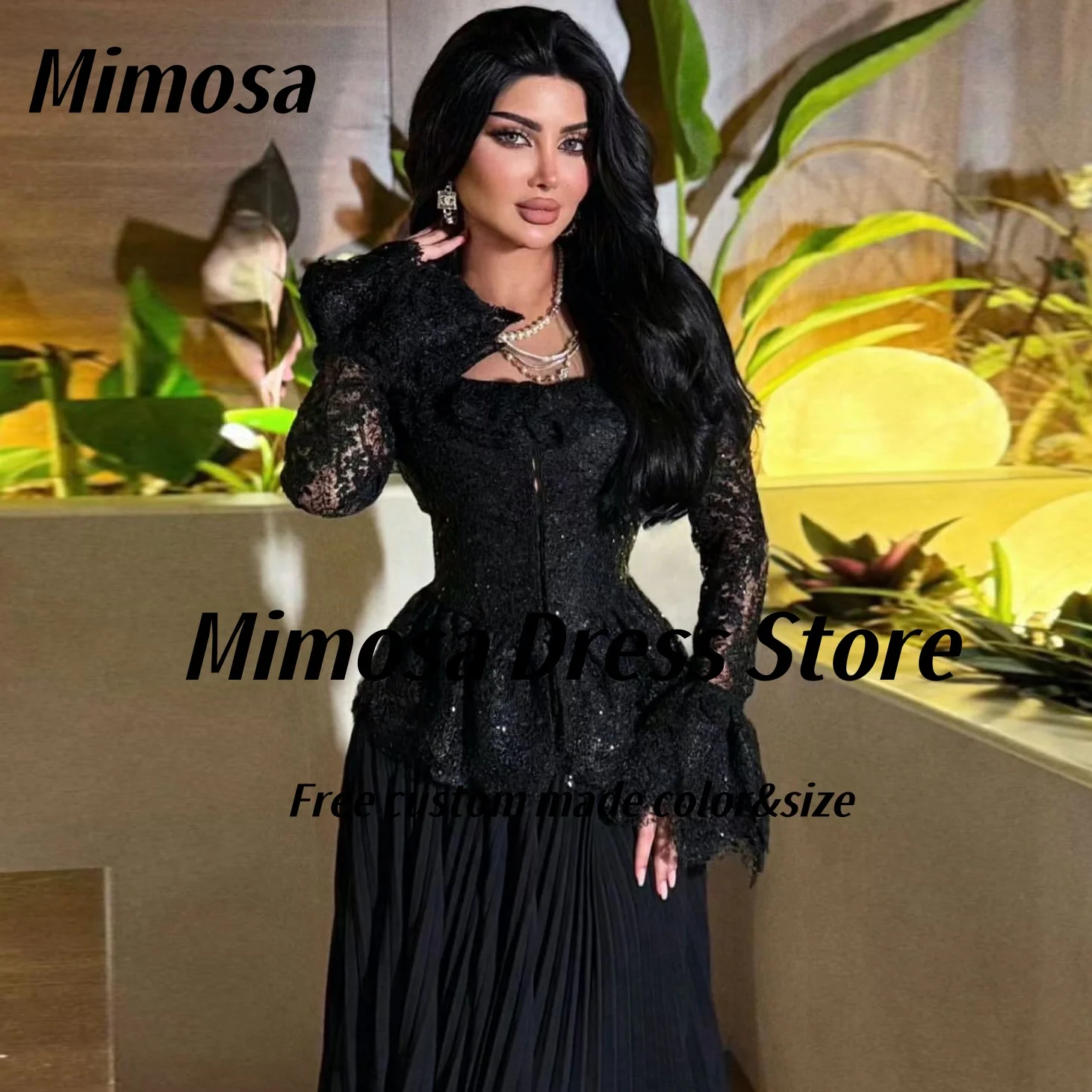 Mimosa 2-Pieces Black Prom Dresses 2025 Long Sleeves Lace Top Evening Gowns Pleats Chiffon High Low Party Dress Customized
