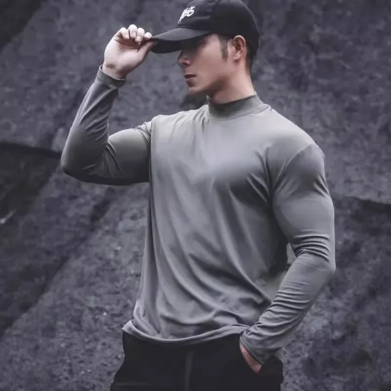 Men's T-shirt, Semi-turtleneck Tight-fitting Slim-fit Stretch-knitted American Sports Quick-drying Long-sleeved T-shirt