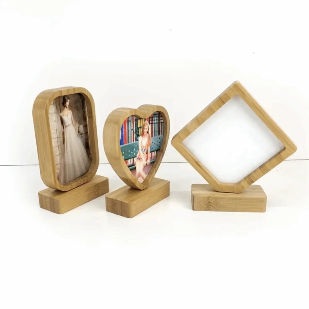 Heart/Round/Oval/Square Shaped Bamboo Photo Holder Detachable Rotated Magnetic Photo Frame Sturdy Base Decorative