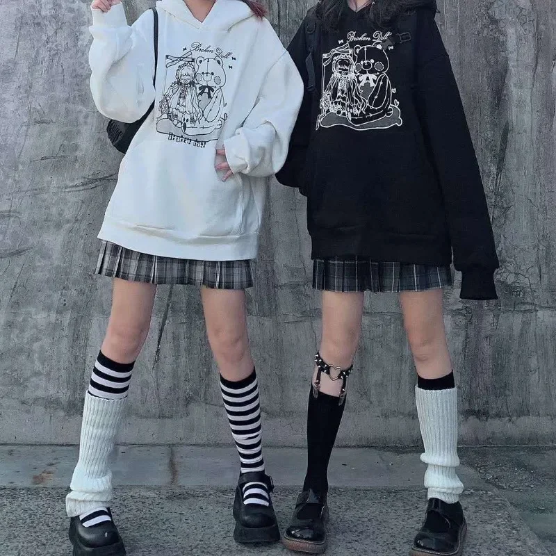 Kawaii Japanese Hooded Sweatshirts Couples Clothes Women Preppy Style Bear Print Harajuku Sudaderas Mujer Oversize Tops Y2k