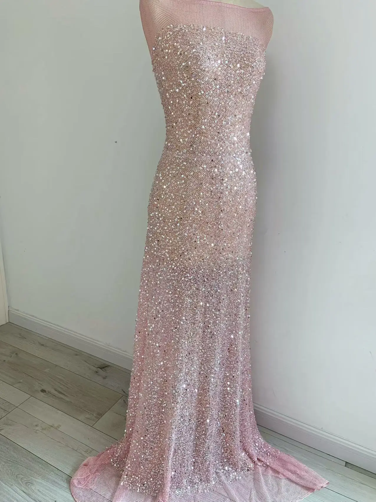 1 Yard Pink Sequins Beaded Tulle Lace Fabric for Evening Party Skirt,Off White Ball Gown,Dance Costume,Wedding Dress