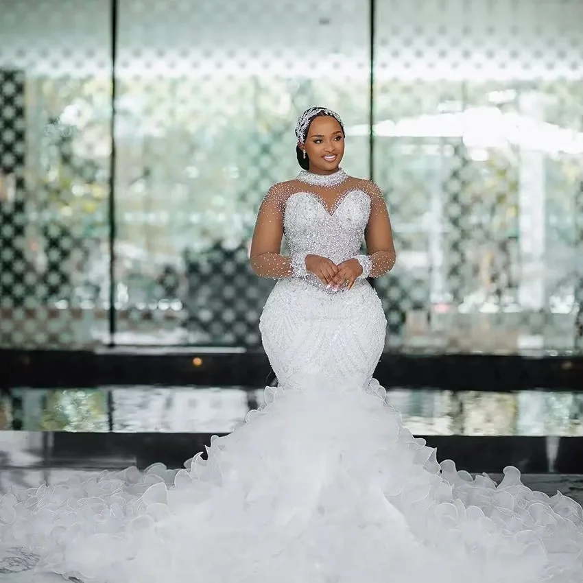Luxury Ruffled South African Wedding Dresses Black Girls Mermaid Long Sleeves Beaded Bridal Gown Vestido De Noiva Customized