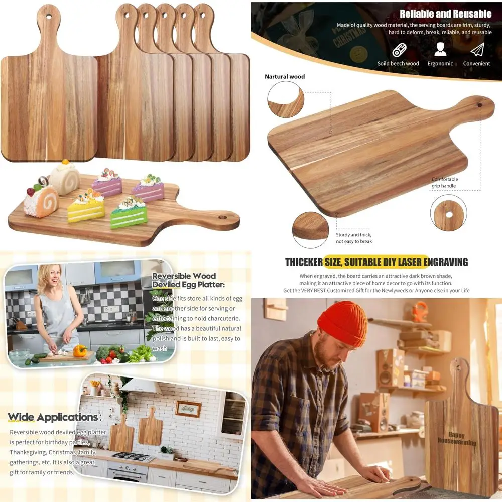 

Bulk Set of 6 Thick Wooden Chopping Boards with Handles for Kitchen Use - Perfect for Serving Charcuterie and Engraving