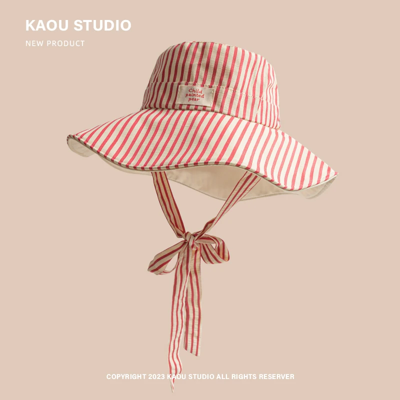 Korean Version Ins Retro Striped Big Brim Sun Hats for Women Summer Travel Sunscreen Versatile Fashion Strap Bucket Hat