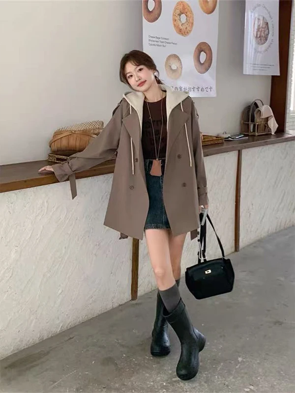 

Extra Large 300 Pou Casual High-End Feeling Plaid Windbreaker Jaet Women's Detachable Hooded Top Korean Sle Loose Fit