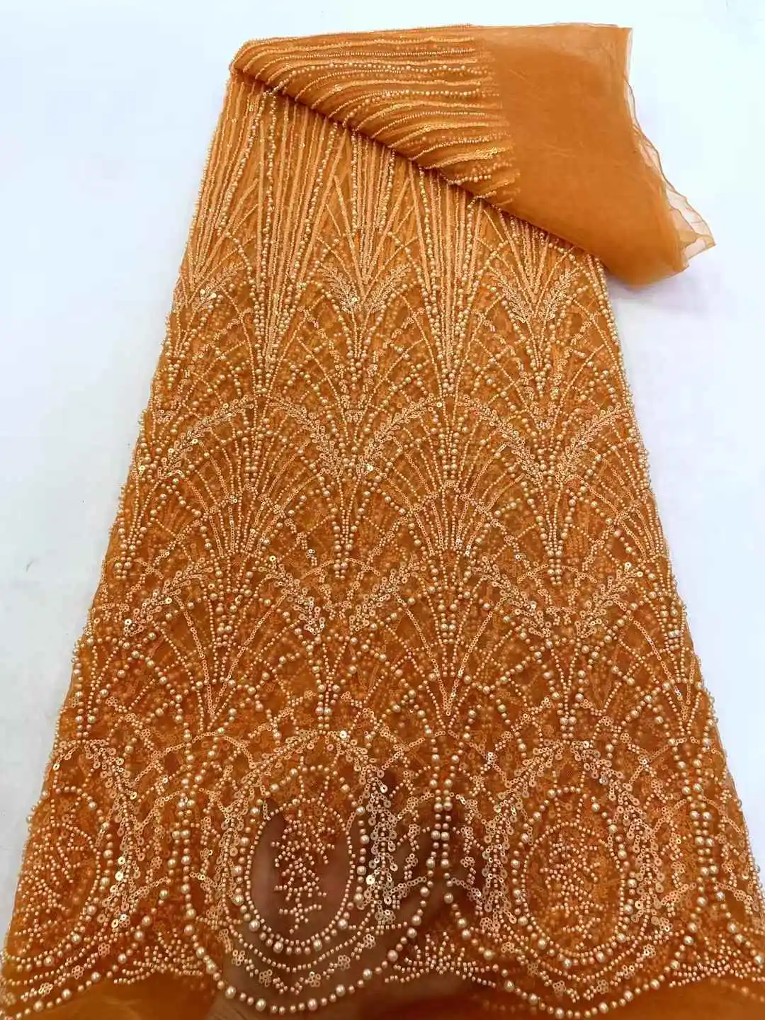 

Orange African French Sequins Lace Hot Sale Embroidery Luxury Beads Nigerian Net Tulle Lace Fabric For Wedding Dress