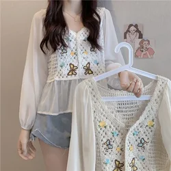 V-neck Shirt Long Sleeve Retro Chiffon Shirt Women Crop Tops Korean Fashion Jacket Summer Autumn Embroidery Crochet Streetwear