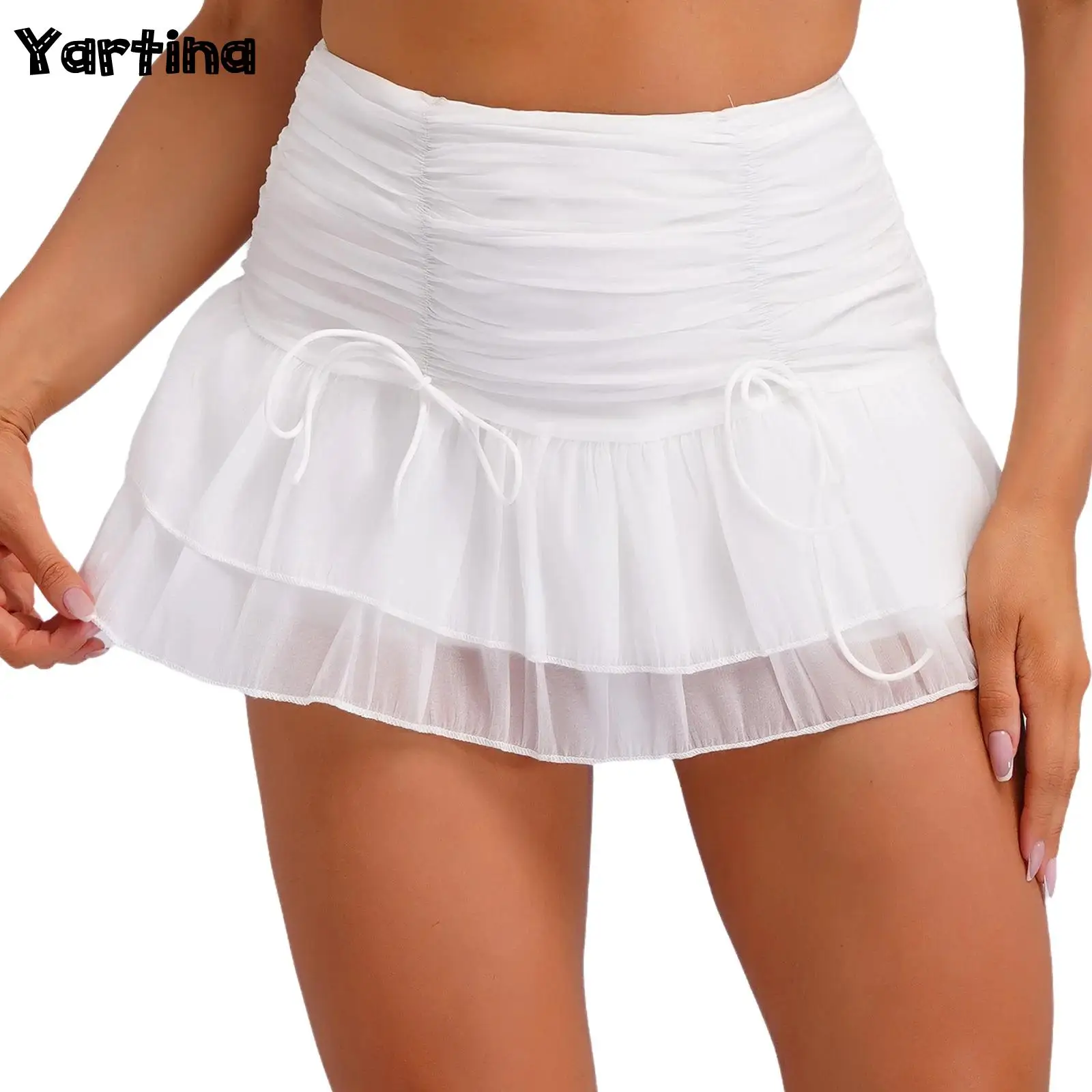 

Womens Zipper Ruched Ruffled Mini Skirt Solid Color Pleated Side Tiered 2-layer Skater Miniskirt Aesthetic Vintage Streetwear