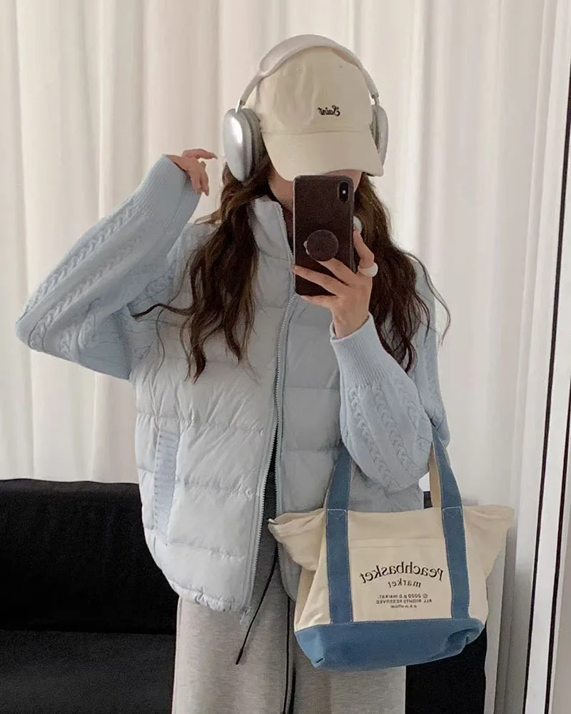 Winter Patchwork Parkas for Women Thick Warm Knitted Sleeve Splicing Puffy Coats Korean Loose Preppy Zipper Down Outwear New