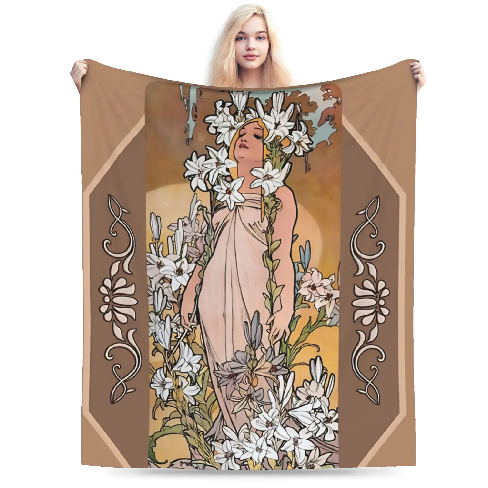 Language of Flowers Alphonse Mucha   Flannel Blanket Spring  Super Soft Bedding Throws for Kids Couch Chair Pattern