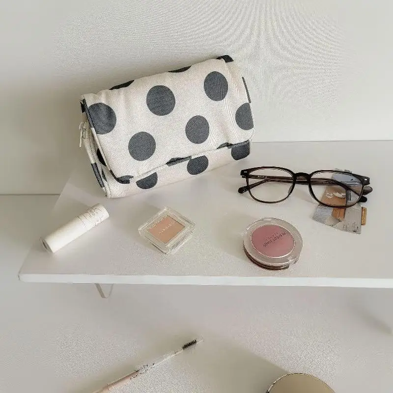Große Kosmetiktasche mit Polka-Dots und eingebautem Spiegel, tragbare, faltbare Reißverschluss-Make-up-Tasche, Reise-Schönheits-Aufbewahrungs-Organizer für Frauen – Detail 11