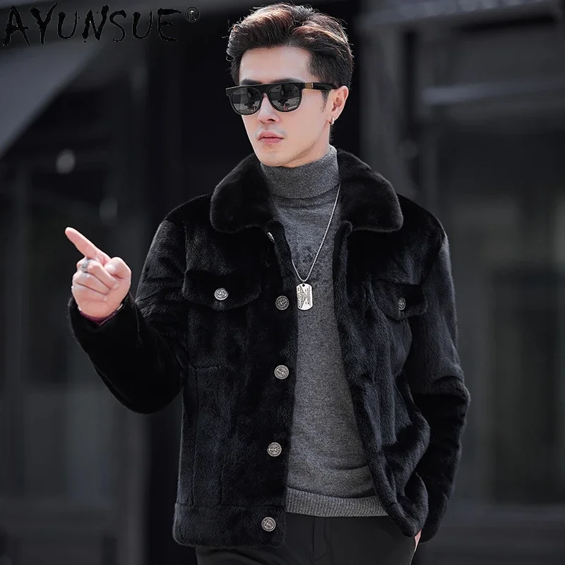 AYUNSUE Natural Fur Coat Mink Jackets for Men Clothing 2023 Fashion Single-breasted Real Mink Fur Coats Winter Outwear Jaquetas