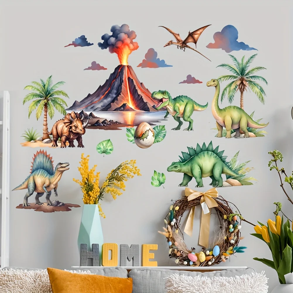 2D flat design, one forest dinosaur volcano eruption wall sticker, suitable for decorating bedroom, living room, or sofa backgro