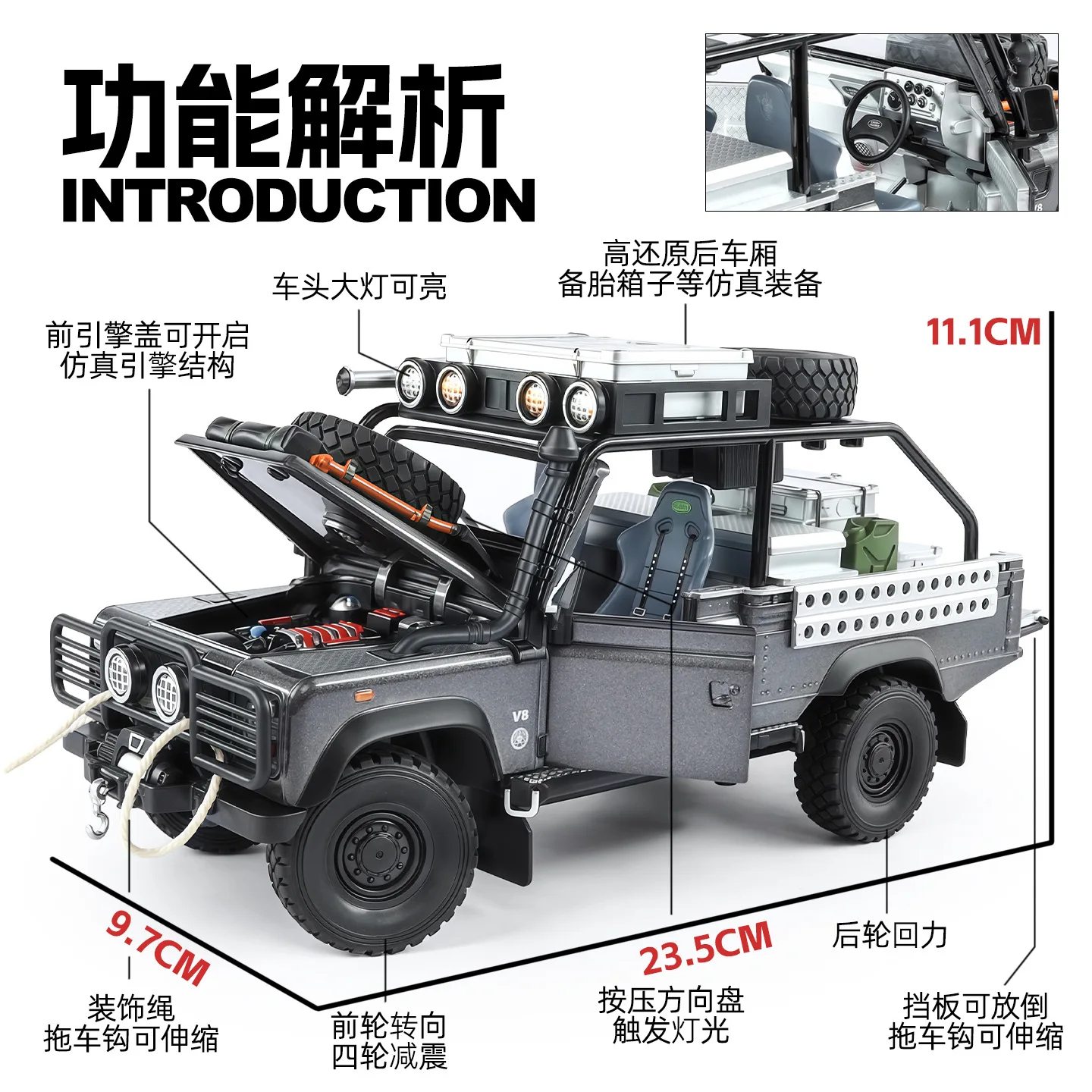 1/24 Land Rangeed Defender 110 camioneta de aleación modelo de coche Diecast vehículos todoterreno modelo de coche sonido luz tirar hacia atrás niños juguete para regalo