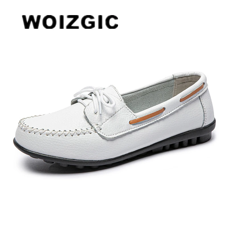 

WOIZGIC Women's Female Ladies Mother Genuine Leather Shoes Flats Loafers Lace Up TPR Autumn Spring Plus Size 42 43 44