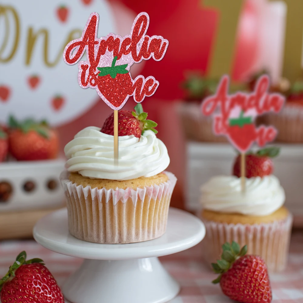 20pcs Strawberry Glitter Birthday Cake Toppers, Sparkly Strawberry Theme Photo Face Cake Flags, Shiny Glitter Paper Birthday Par