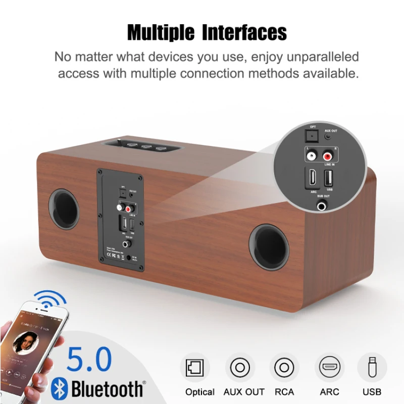 Haut-parleur Bluetooth actif RapBass haute puissance, caisson de basses optique RCA et USB, son surround sans fil, barre de son rétro en bois pour TV et PC, 50W