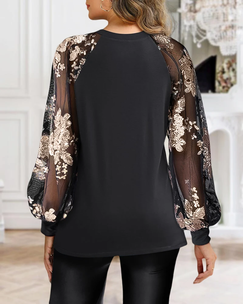 Fashion Round Neck Solid Color Top with Lace Patchwork Sleeves Temperament Commuting Retro Casual Top Shipped Within 48 Hours