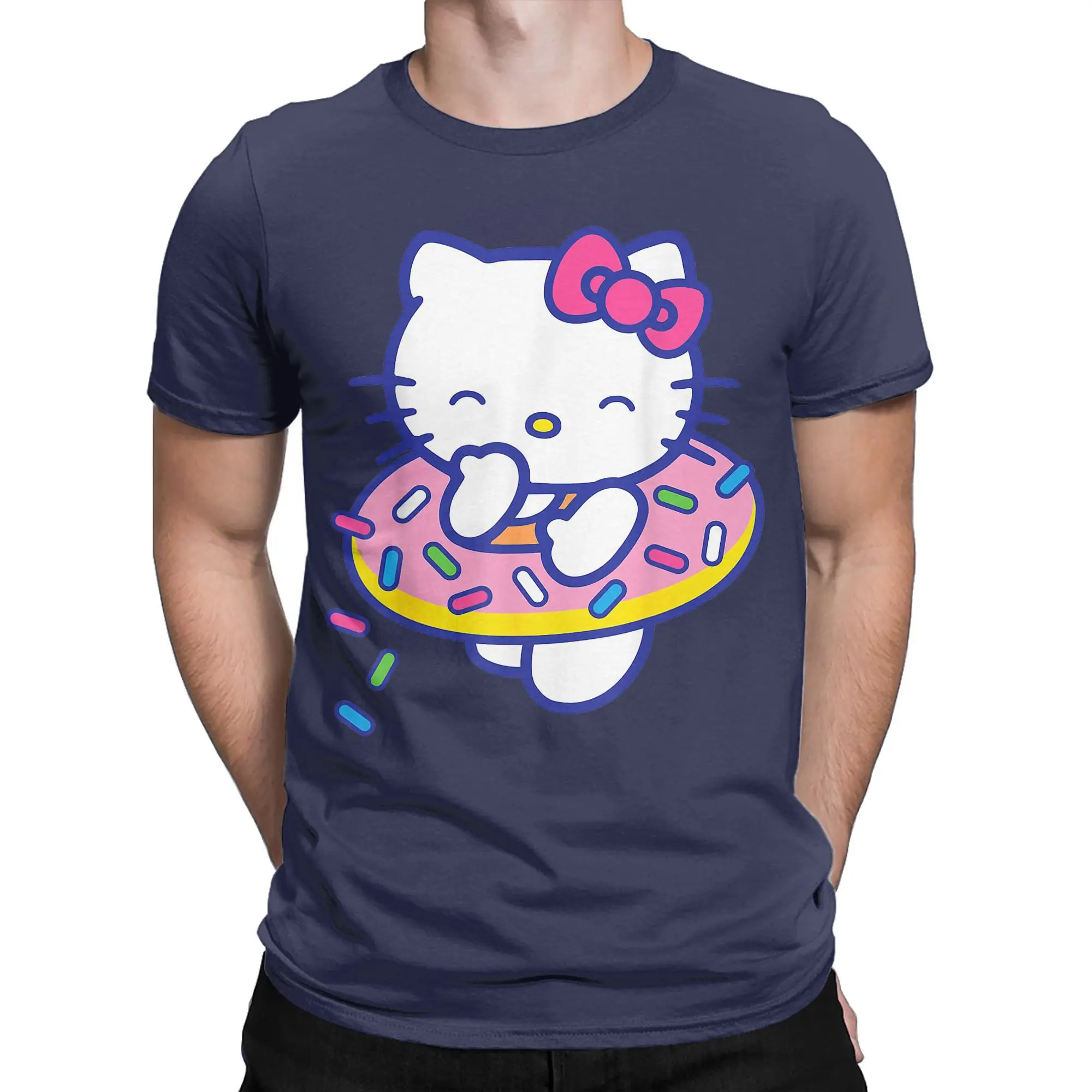 Hello Kitty Donut Sprinkles Floaty T-Shirts for Men Women  Crazy Pure Cotton Tee Shirt O Neck Short Sleeve T Shirt Gift Tops