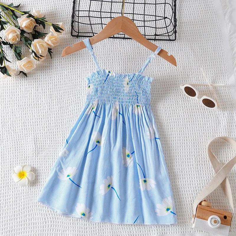 European And American Style Summer Girls Print Dress Kids Adjustable Shoulder Straps Suspenders Dress Baby Flower Beach Skirt