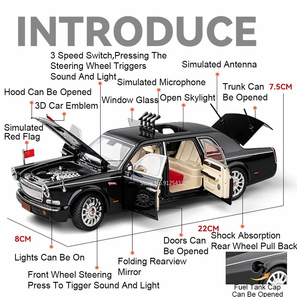 1:24 HONGQI 80th E-HS9 Car Model Toy Alloy Diecast Parade Vehicles Sound Light Pull Back Doors Opened Models Best Presents