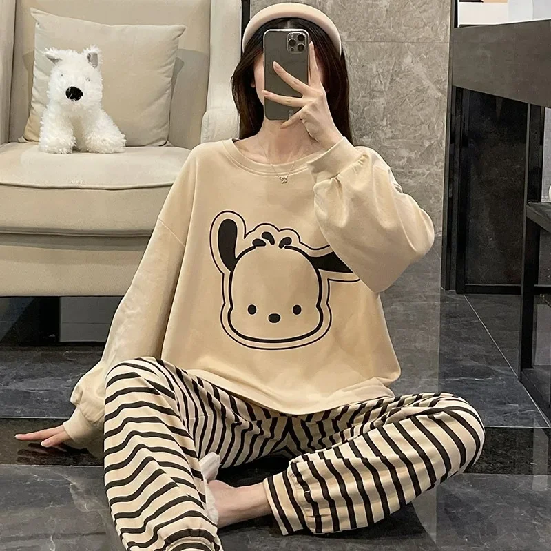 ชุดนอนสาวโปชาคโคฤดูใบไม้ผลิฤดูใบไม้ร่วงลำลองเสื้อแขนยาวกางเกงเสื้อผ้าผู้หญิงหวานการ์ตูนซินนามอนโรลชุดนอนชุด